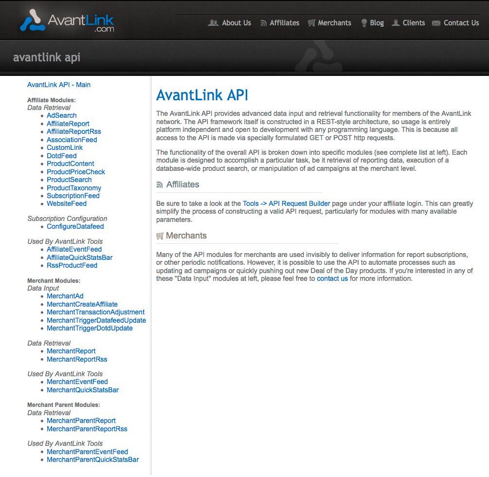 AvantLink API documentation screenshot