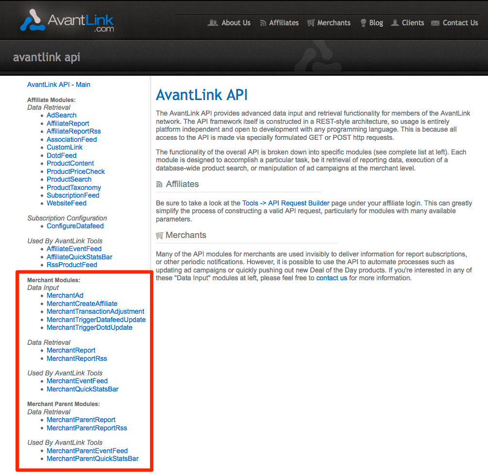 AvantLink API documentation merchant screenshot